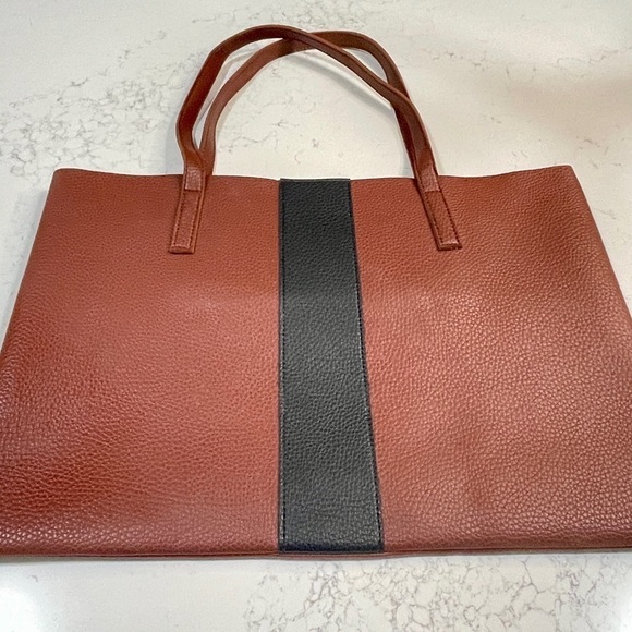 Vince Camuto Luck Vegan Leather Pebbled Brown Black Stripe Tote - Picture 2 of 8
